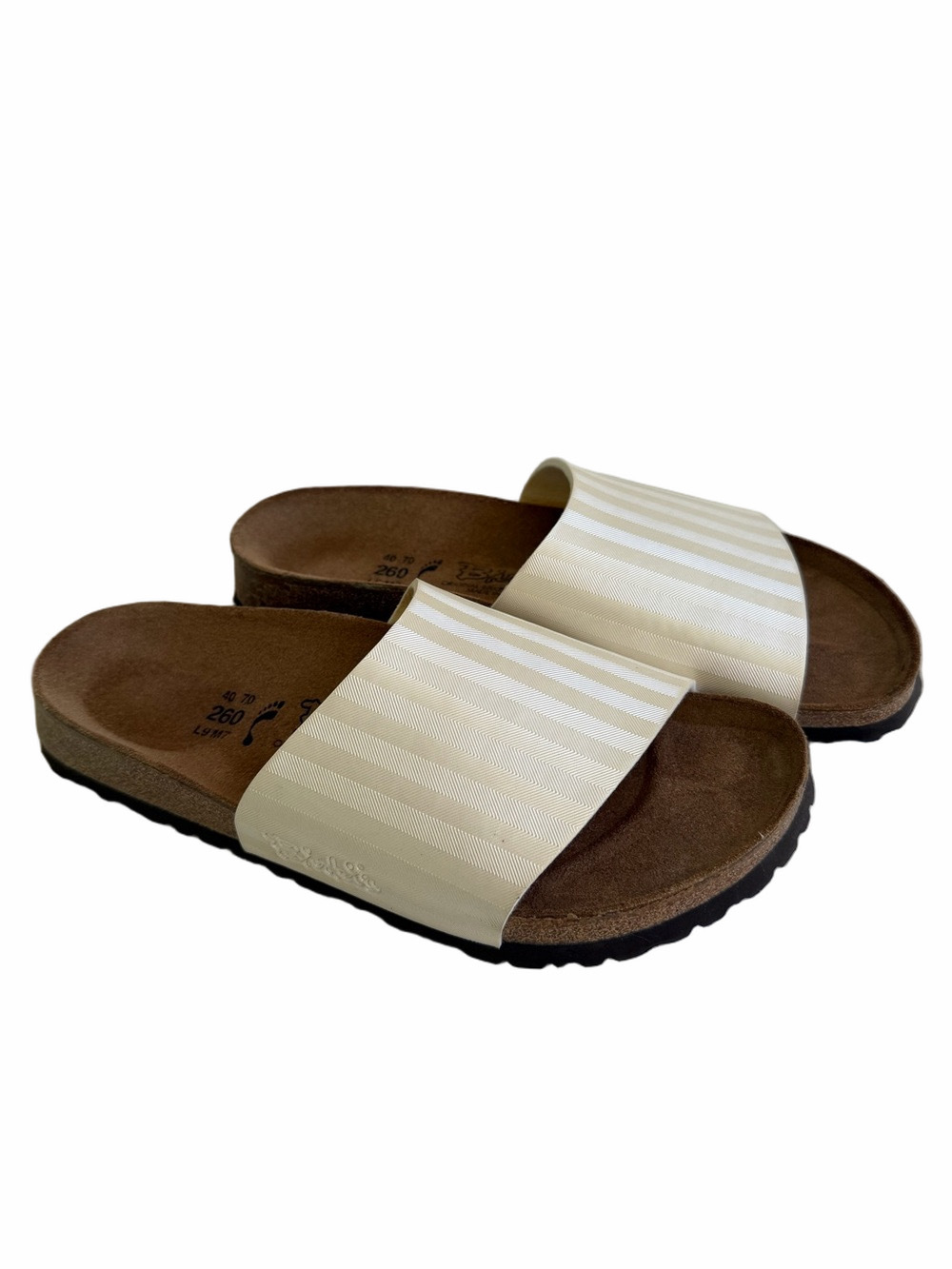 Birki's Birkenstock Oahu Cream Striped Cork Slide Sandal Open Toe  Shoe Size 9